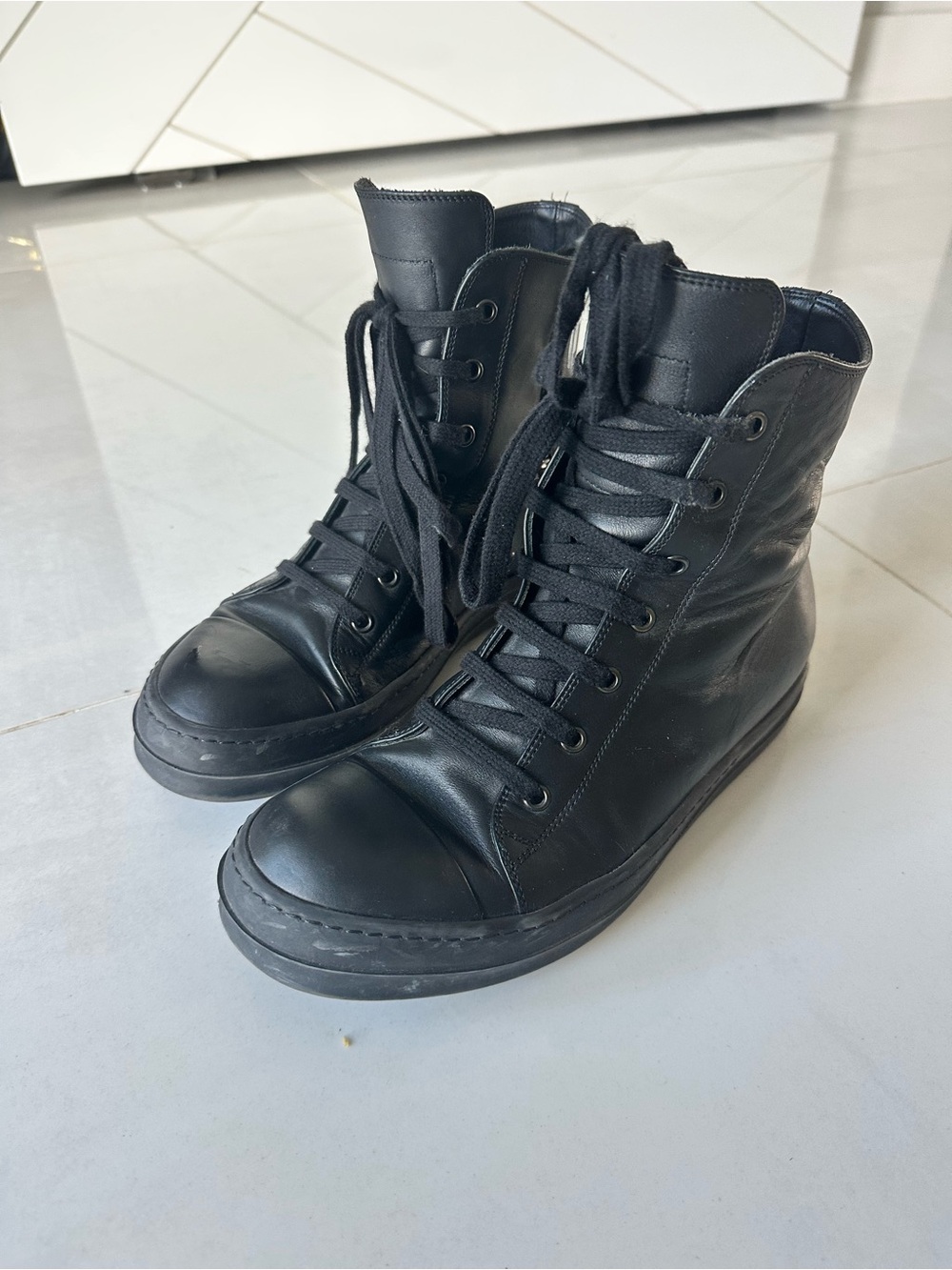 Rick Owens Black Leather Lace-Up Ankle Boots